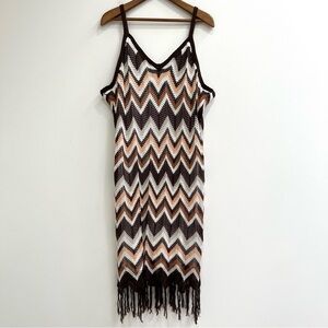 Ashley Stewart Chevron Pointelle crochet knit fringe midi dress boho size 26/28